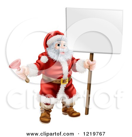 Clipart of Santa Holding a Plunger and a Sign - Royalty Free Vector Illustration by AtStockIllustration