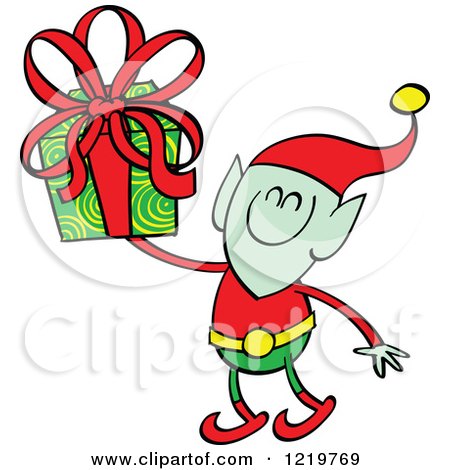 Clipart of a Christmas Elf Holding up a Gift - Royalty Free Vector Illustration by Zooco