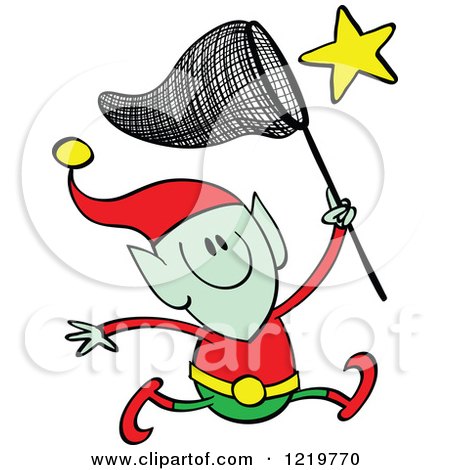 Clipart of a Christmas Elf Chasing a Star with a Net - Royalty Free Vector Illustration by Zooco