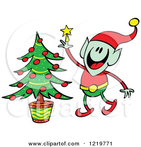 Clipart of a Christmas Elf Decorating a Christmas Tree - Royalty Free Vector Illustration by Zooco