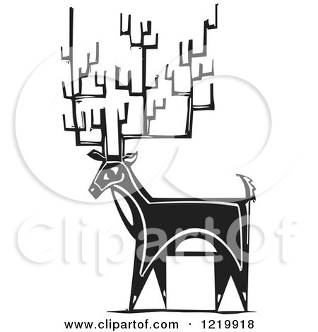 Clipart of a Deer with Tall Antlers Woodcut in Black and White - Royalty Free Vector Illustration by xunantunich