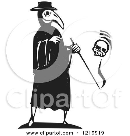 Clipart of a Bird Headed Plague Doctor with a Skull Woodcut in Black and White - Royalty Free Vector Illustration by xunantunich