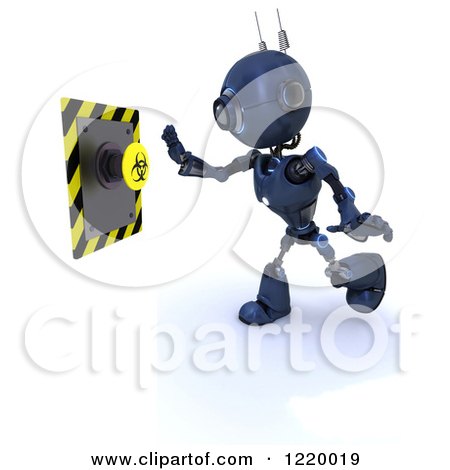 Clipart of a 3d Blue Android Robot Pushing a Biohazard Button - Royalty Free Illustration by KJ Pargeter