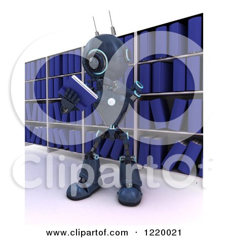 Clipart of a 3d Blue Android Robot Reading a Book in a Library 2 - Royalty Free Illustration by KJ Pargeter