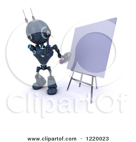 Clipart of a 3d Blue Android Robot Thinking by an Art Canvas - Royalty Free Illustration by KJ Pargeter