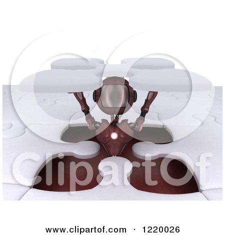 Clipart of a 3d Red Android Robot Popping out of a Jigsaw Puzzle Opening 2 - Royalty Free Illustration by KJ Pargeter