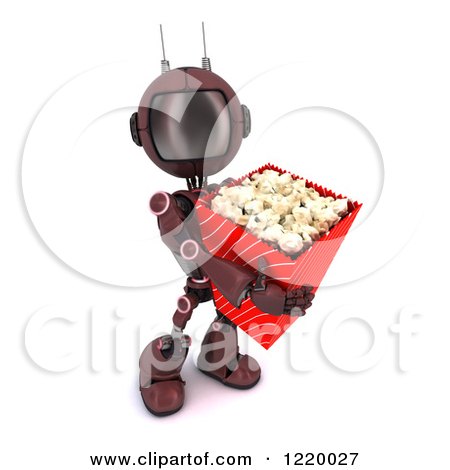 Clipart of a 3d Red Android Robot with Movie Popcorn - Royalty Free Illustration by KJ Pargeter
