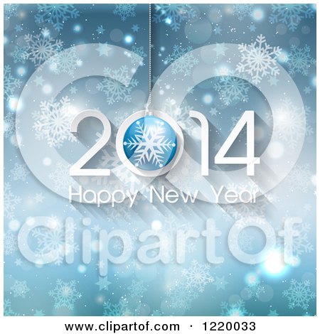 Clipart of a Happy New Year 2014 Greeting over Blue Bokeh Stars and Snowflakes - Royalty Free Vector Illustration by KJ Pargeter