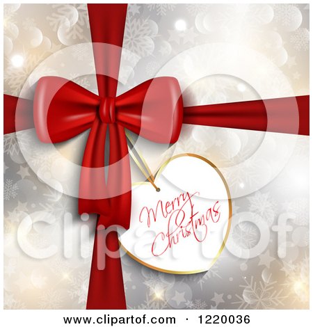 Clipart of a Heart Shaped Merry Christmas Gift Tag on a Snowflake Bokeh and Star Present - Royalty Free Vector Illustration by KJ Pargeter