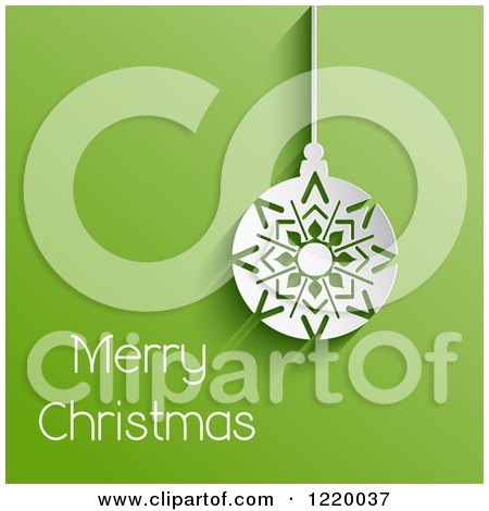 Clipart of a Merry Christmas Greeting with a Suspended Snowflake Bauble over Green - Royalty Free Vector Illustration by KJ Pargeter