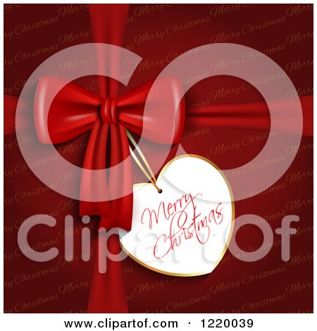 Clipart of a Heart Shaped Merry Christmas Gift Tag on a Red Present Gift Bow - Royalty Free Vector Illustration by KJ Pargeter