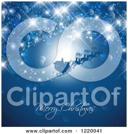 Clipart of a Merry Christmas Greeting on Blue Bokeh with Santas Sleigh - Royalty Free Vector Illustration by KJ Pargeter