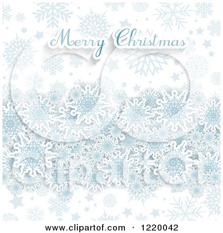 Clipart of a Merry Christmas Greeting with Blue Snowflakes and Stars - Royalty Free Vector Illustration by KJ Pargeter