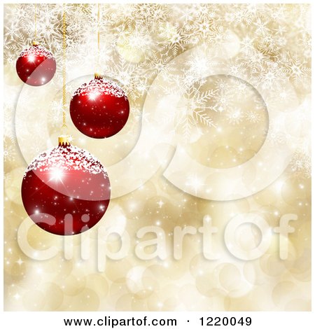 Clipart of a Golden Bokeh and Snowflake Background with 3d Red Christmas Ornaments - Royalty Free Illustration by KJ Pargeter