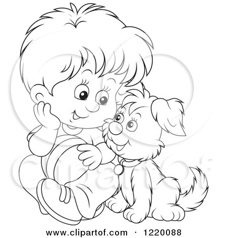 Clipart of an Outlined Boy and Puppy Playing with a Ball - Royalty Free Vector Illustration by Alex Bannykh
