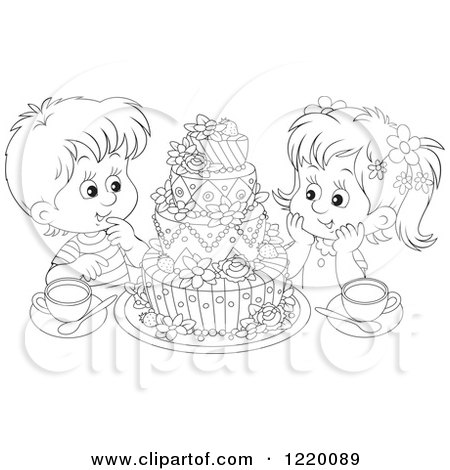 Clipart of a Boy and Girl with Tea and a Cake - Royalty Free Vector Illustration by Alex Bannykh