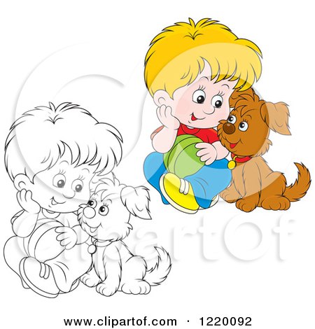 Clipart of a Colored and Outlined Boy and Puppy Playing with a Ball - Royalty Free Vector Illustration by Alex Bannykh