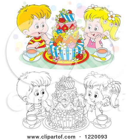 Clipart of a Colored and Outlined Boy and Girl with Tea and a Colorful Cake - Royalty Free Vector Illustration by Alex Bannykh