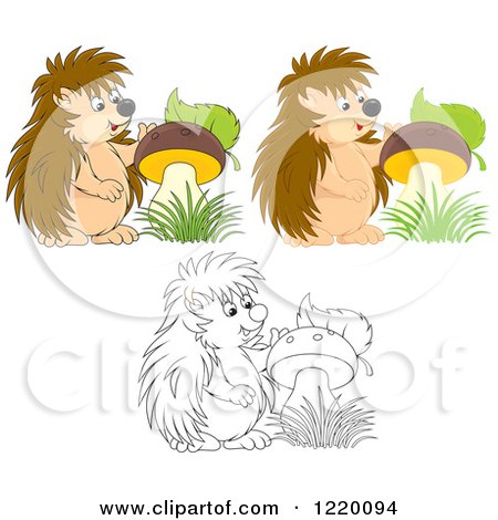 Clipart of Colored and Outlined Cute Hedgehogs with Mushrooms - Royalty Free Vector Illustration by Alex Bannykh