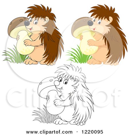 Clipart of Colored and Outlined Cute Hedgehogs Carrying Mushrooms - Royalty Free Vector Illustration by Alex Bannykh