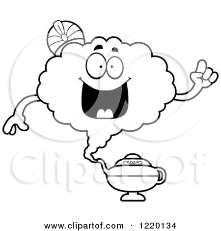Clipart of a Black and White Smart Magic Genie Mascot with an Idea - Royalty Free Vector Illustration by Cory Thoman