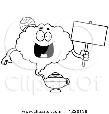 Clipart of a Black and White Happy Magic Genie Mascot Holding a Sign - Royalty Free Vector Illustration by Cory Thoman
