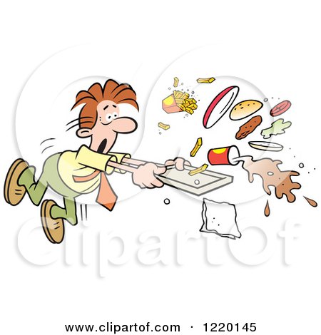 Clipart of a Businessman Tripping and Spilling His Lunch in a Cafeteria - Royalty Free Vector Illustration by Johnny Sajem