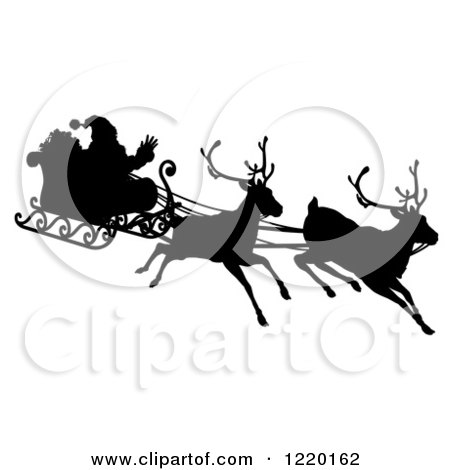Clipart of a Black Silhouette of Santa Waving and Flying in a Magic Sleigh with Two Reindeer - Royalty Free Vector Illustration by AtStockIllustration