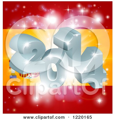 Clipart of a 3d 2014 and Fireworks over a Spanish Flag - Royalty Free Vector Illustration by AtStockIllustration