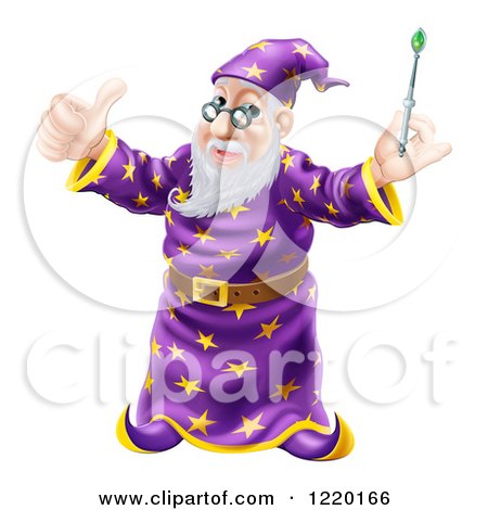 Clipart of a Pleased Old Wizard Holding a Thumb up and Magic Wand - Royalty Free Vector Illustration by AtStockIllustration