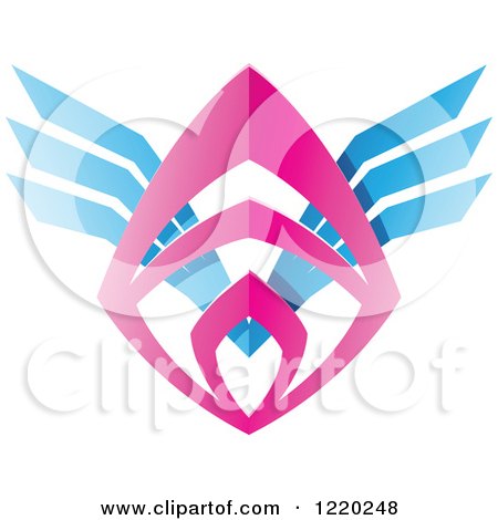 Clipart of a Colorful Pink and Blue Winged Shield Tribal Icon - Royalty Free Vector Illustration by cidepix