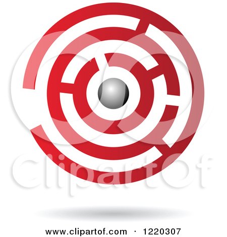 Clipart of a Floating Red and Black 3d Sphere and Maze Icon - Royalty Free Vector Illustration by cidepix
