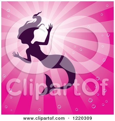 Clipart of a Silhouetted Swimming Mermaid over Pink Rays - Royalty Free Vector Illustration by cidepix