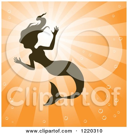 Clipart of a Silhouetted Swimming Mermaid over Orange Rays - Royalty Free Vector Illustration by cidepix