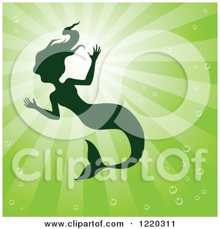 Clipart of a Silhouetted Swimming Mermaid over Green Rays - Royalty Free Vector Illustration by cidepix