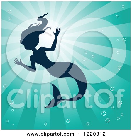 Clipart of a Silhouetted Swimming Mermaid over Turquoise Rays - Royalty Free Vector Illustration by cidepix