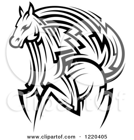 Clipart of a Black and White Running Tribal Horse - Royalty Free Vector Illustration by Vector Tradition SM