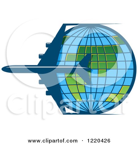 Clipart of a Blue Airplane Circling a Grid Globe - Royalty Free Vector Illustration by Vector Tradition SM