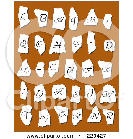 Clipart of Vintage Alphabet Letters on Torn Paper over Brown - Royalty Free Vector Illustration by Vector Tradition SM