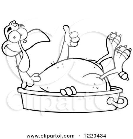 Clipart of an Outlined Featherless Thanksgiving Turkey Bird Holding a Thumb up in a Pan - Royalty Free Vector Illustration by Hit Toon