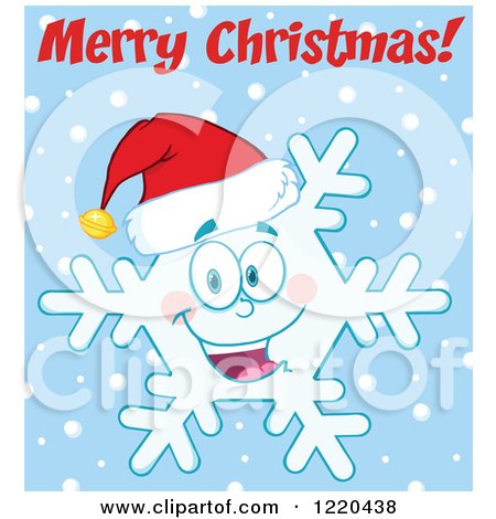 Clipart of a Merry Christmas Greeting over a Snowflake Mascot Wearing a Santa Hat over Blue - Royalty Free Vector Illustration by Hit Toon