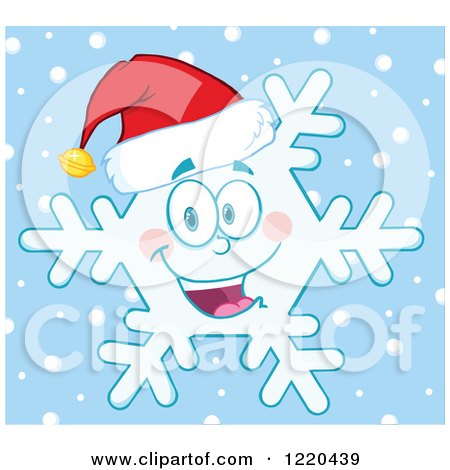Clipart of a Happy Christmas Snowflake Mascot Wearing a Santa Hat over Blue - Royalty Free Vector Illustration by Hit Toon