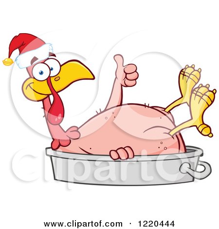 Clipart of a Featherless Turkey Bird Holding a Thumb up in a Pan and Wearing a Santa Hat - Royalty Free Vector Illustration by Hit Toon