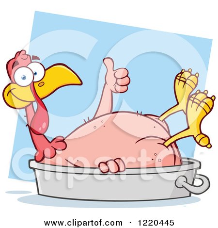Clipart of a Featherless Thanksgiving Turkey Bird Holding a Thumb up in a Pan, over Blue - Royalty Free Vector Illustration by Hit Toon