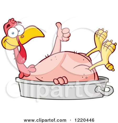 Clipart of a Featherless Thanksgiving Turkey Bird Holding a Thumb up in a Pan - Royalty Free Vector Illustration by Hit Toon