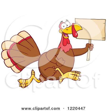 Clipart of a Happy Thanksgiving Turkey Bird Running with a Wood Sign - Royalty Free Vector Illustration by Hit Toon