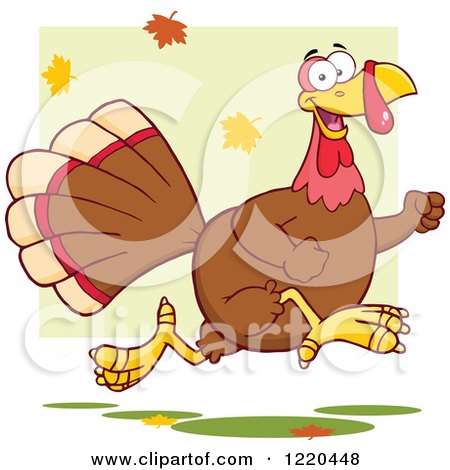 Clipart of a Happy Thanksgiving Turkey Bird Running with Fall Leaves - Royalty Free Vector Illustration by Hit Toon