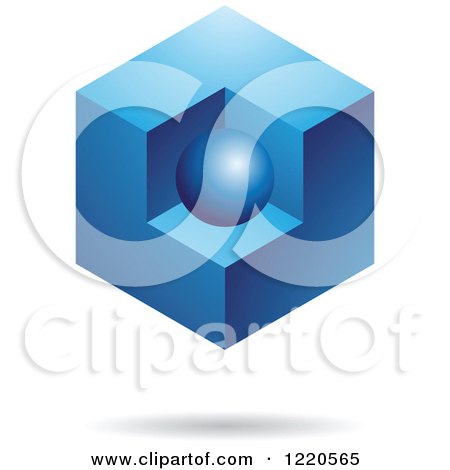 Clipart of a Floating Blue 3d Cube with an Orb - Royalty Free Vector Illustration by cidepix