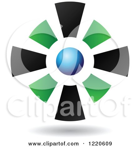 Clipart of a Floating 3d Green Black and Blue Sphere and Rays Icon - Royalty Free Vector Illustration by cidepix