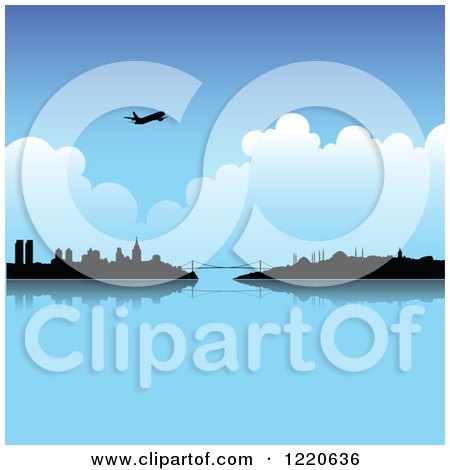 Clipart of a Silhouetted Airplane over Istanbul Turkey - Royalty Free Vector Illustration by cidepix